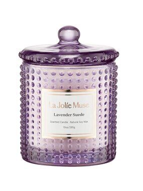 La Jolie Muse Lavender Suede Candle 10oz Marvella Hobnail Purple‎ Glass Jar NWT